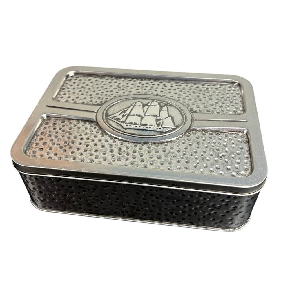 Vtg Decorative Tin-1990- Old Spice Ships- Hammered Metal Design- 7.5x5.5x2.5"